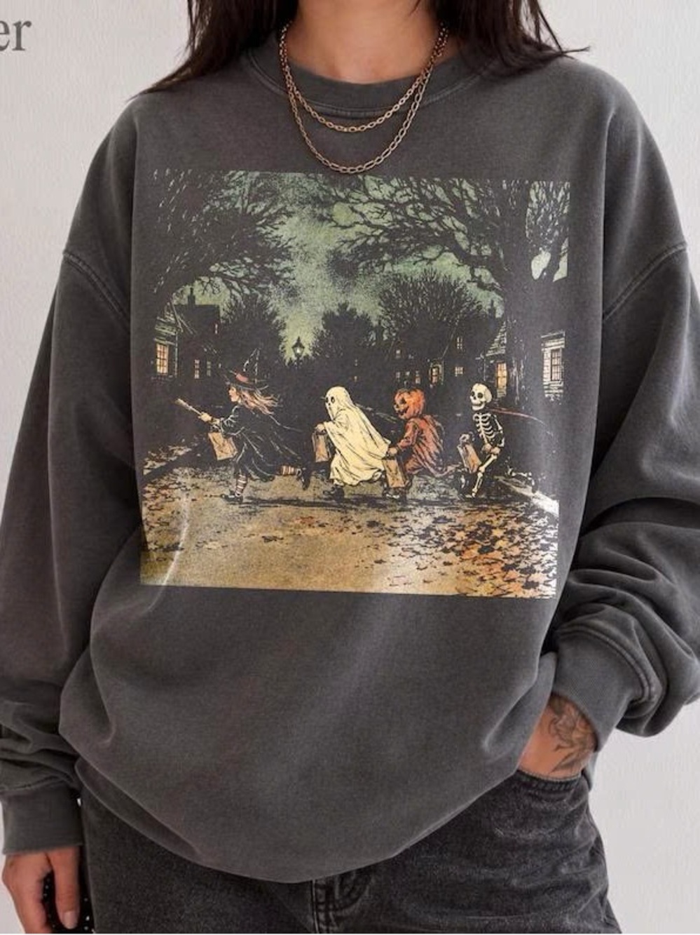 Dark Gray Halloween Crewneck Sweatshirt with Trick-or-Treat Graphic